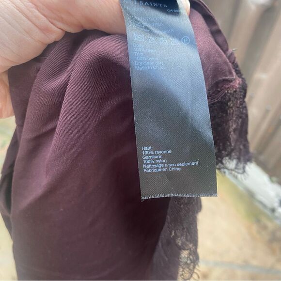 ALLSAINTS Eloise Sleeveless V neck Burgundy chocolate Lace Trim Slip Dress Small - Picture 7 of 11